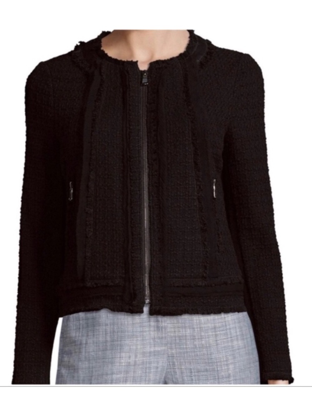 Rebecca Taylor *Navy Blue* Frayed Fringe Tweed Blazer Jacket Leather Accents 4